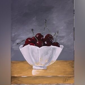 Original Artwork cherries in a bowl. Acrylic on canvas 16x20.